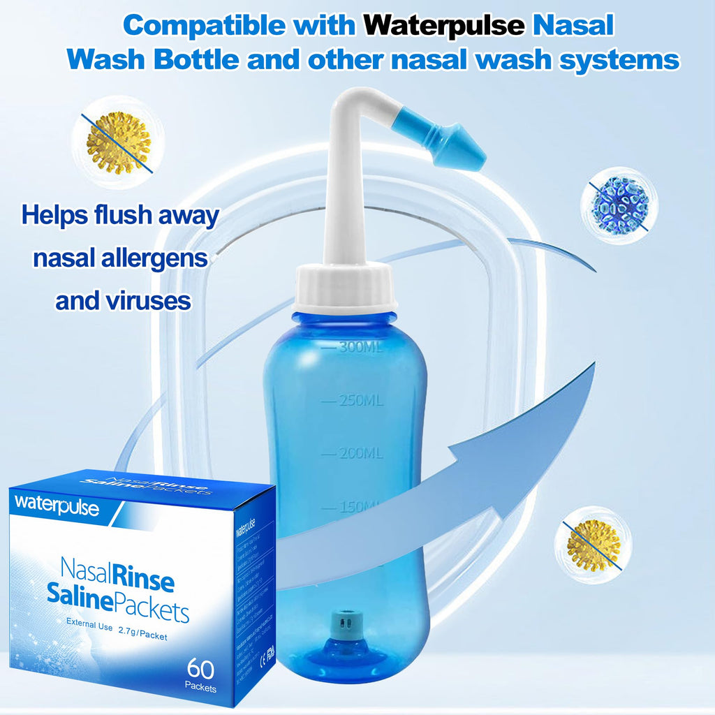 Waterpulse 60 Nasal Rinse Packets,Effective Neti Pot Salt Packets,Nasal Rinse Salt Packets Individually Wrapped - Convenient Solution for Sinusitis, Allergies and Cold Relief