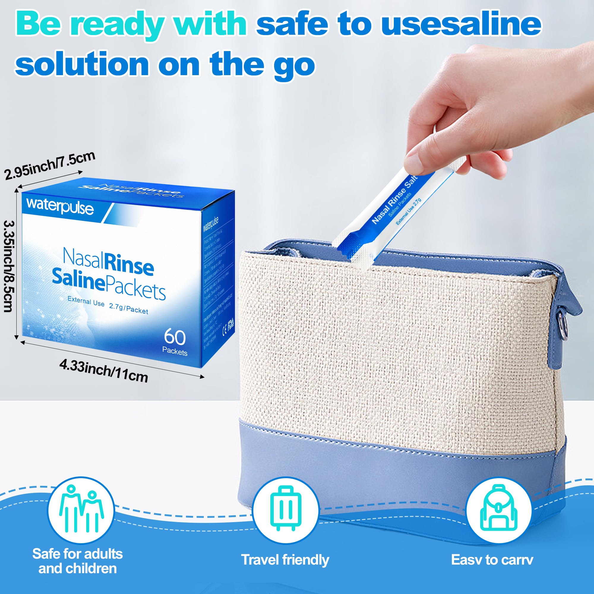 Waterpulse 60 Nasal Rinse Packets,Effective Neti Pot Salt Packets,Nasal Rinse Salt Packets Individually Wrapped - Convenient Solution for Sinusitis, Allergies and Cold Relief